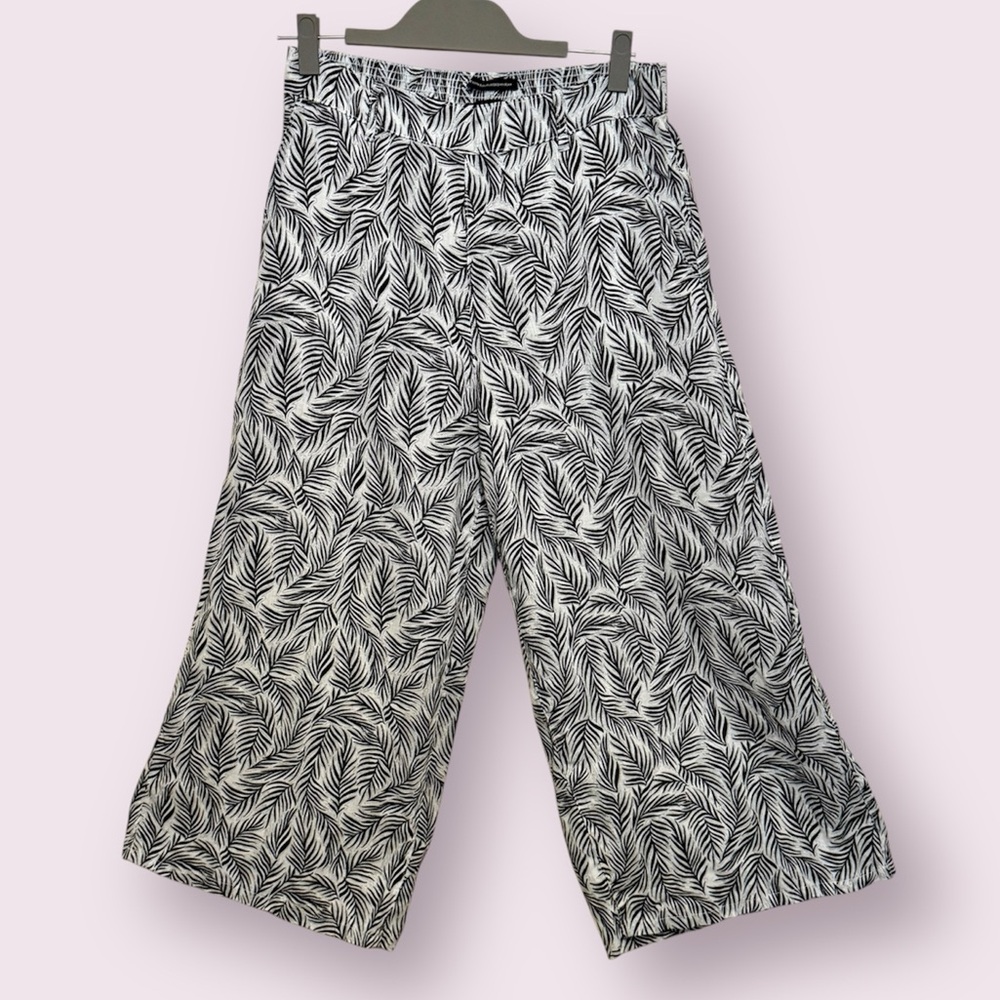 Tahari Linen Tropical Leaf Print Crop Wide Leg Pull On Pants Black White Large